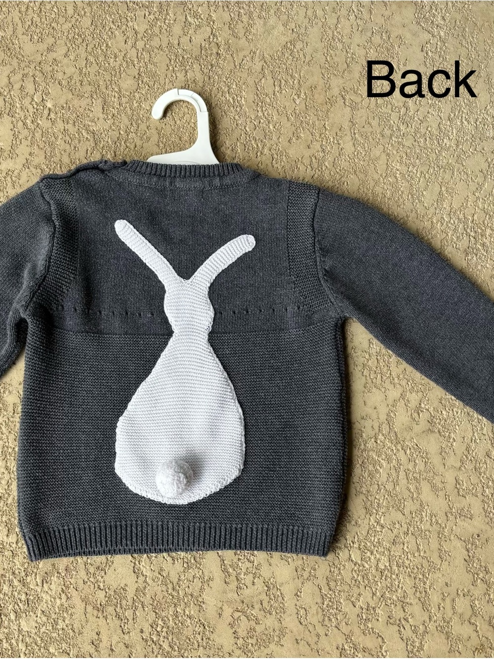 Long Peng Long You gray knit sweater with white bunny graphic on the back,